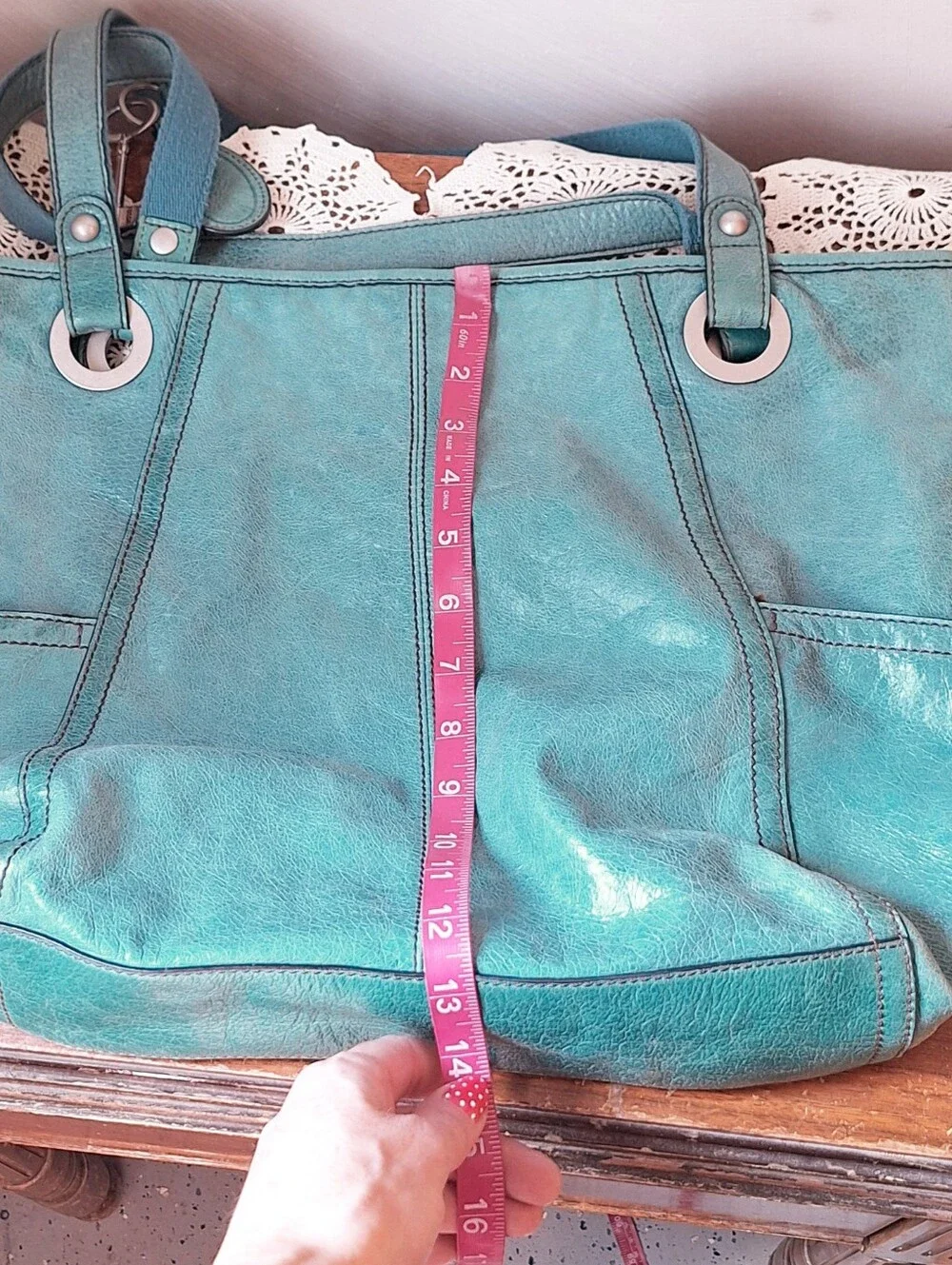 Fossil Hathaway Light Teal Leather Shoulder Tote Bag - Picture 10 of 13
